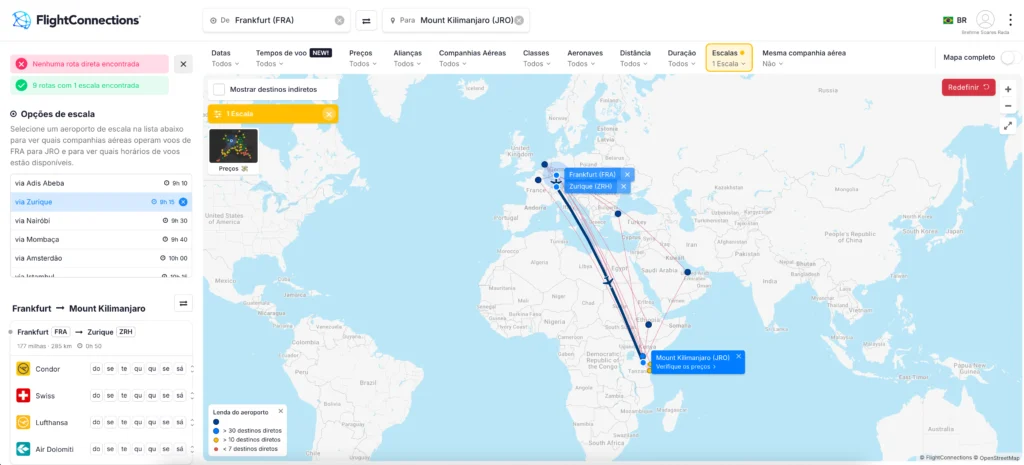 Passagem de ida (FRA – JRO): emitida pelo programa Miles & More (Lufthansa).